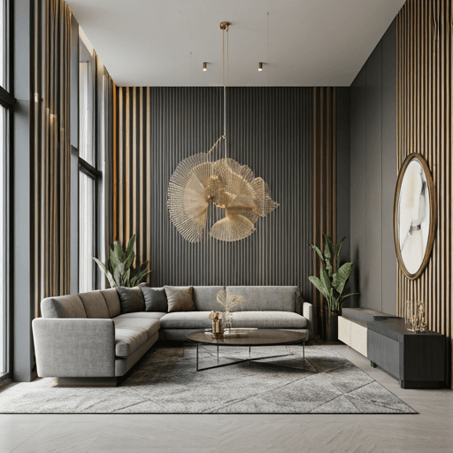 Luxury apartment building lobby with marble floors and warm ambient lighting